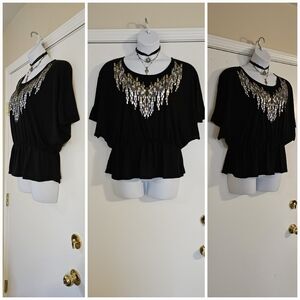 2XL Miss Tina Knowles Beyonce's Mom Designer Black Metallic Butterfly Sleeve Top